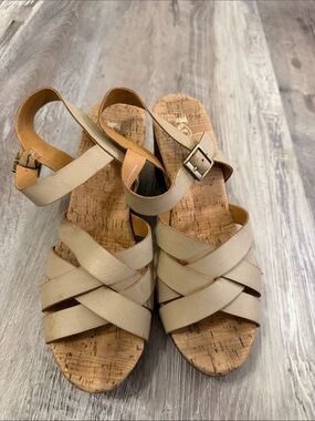 Kork-Ease Beige Crisscross Cork Wedge Sandals
